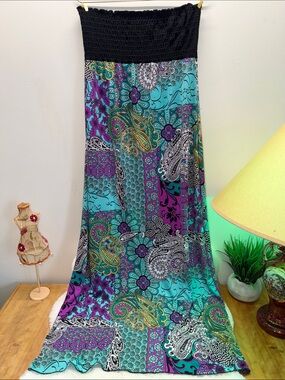 Wet Seal Bohemian Strapless Maxi Summer Wedding Dress in Teal, Purple & Black 💝